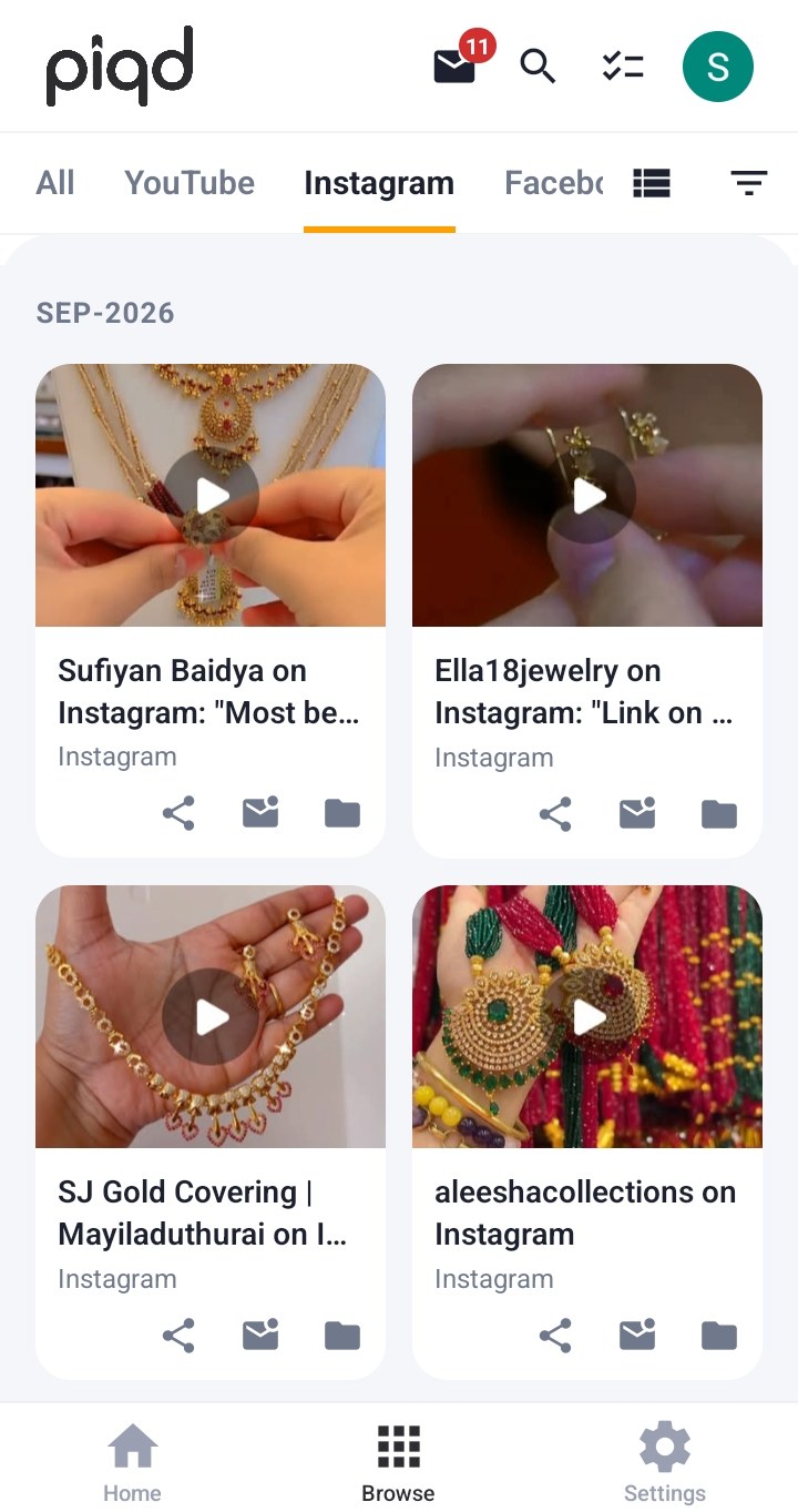Piqd's Browse screen showing saved Instagram posts in a grid