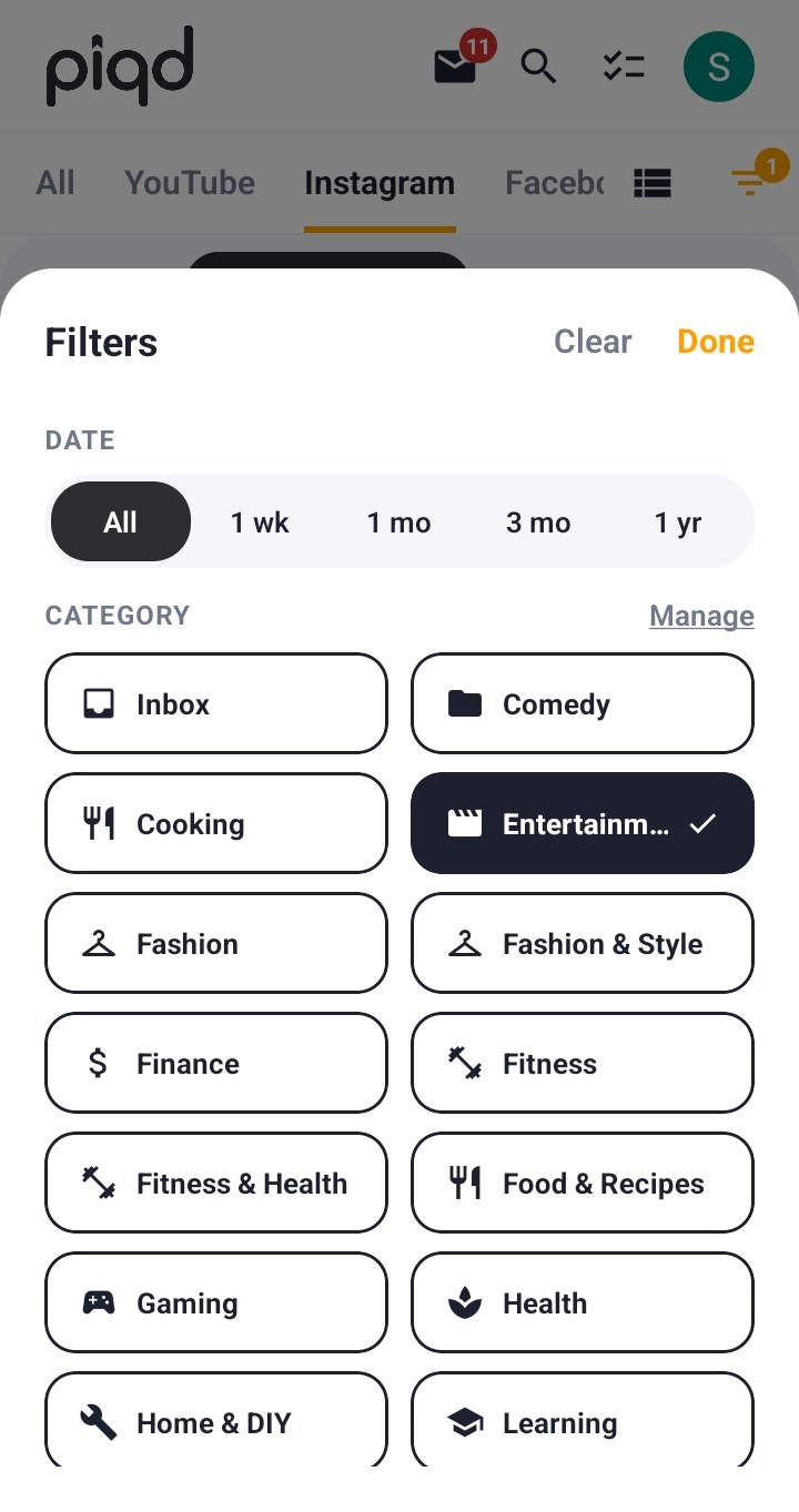Piqd's filter sheet listing date ranges and categories